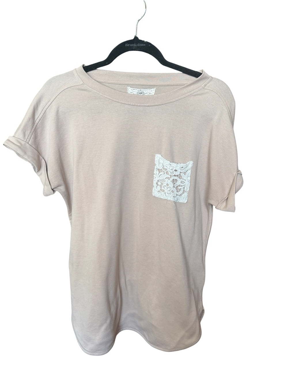 Cupio Beige Short Sleeve Tee with Lace Pocket